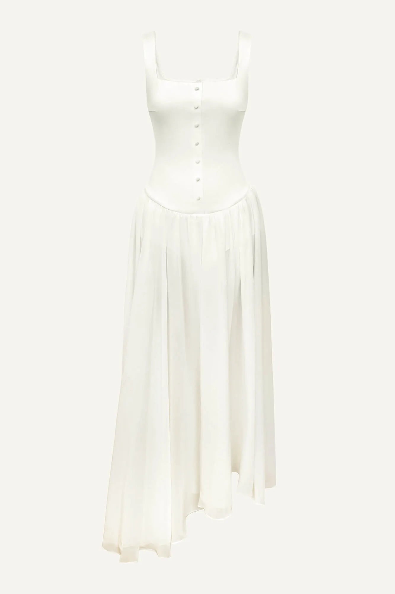 Vestido Longo com Saia Esvoaçante e Botões Decorativos