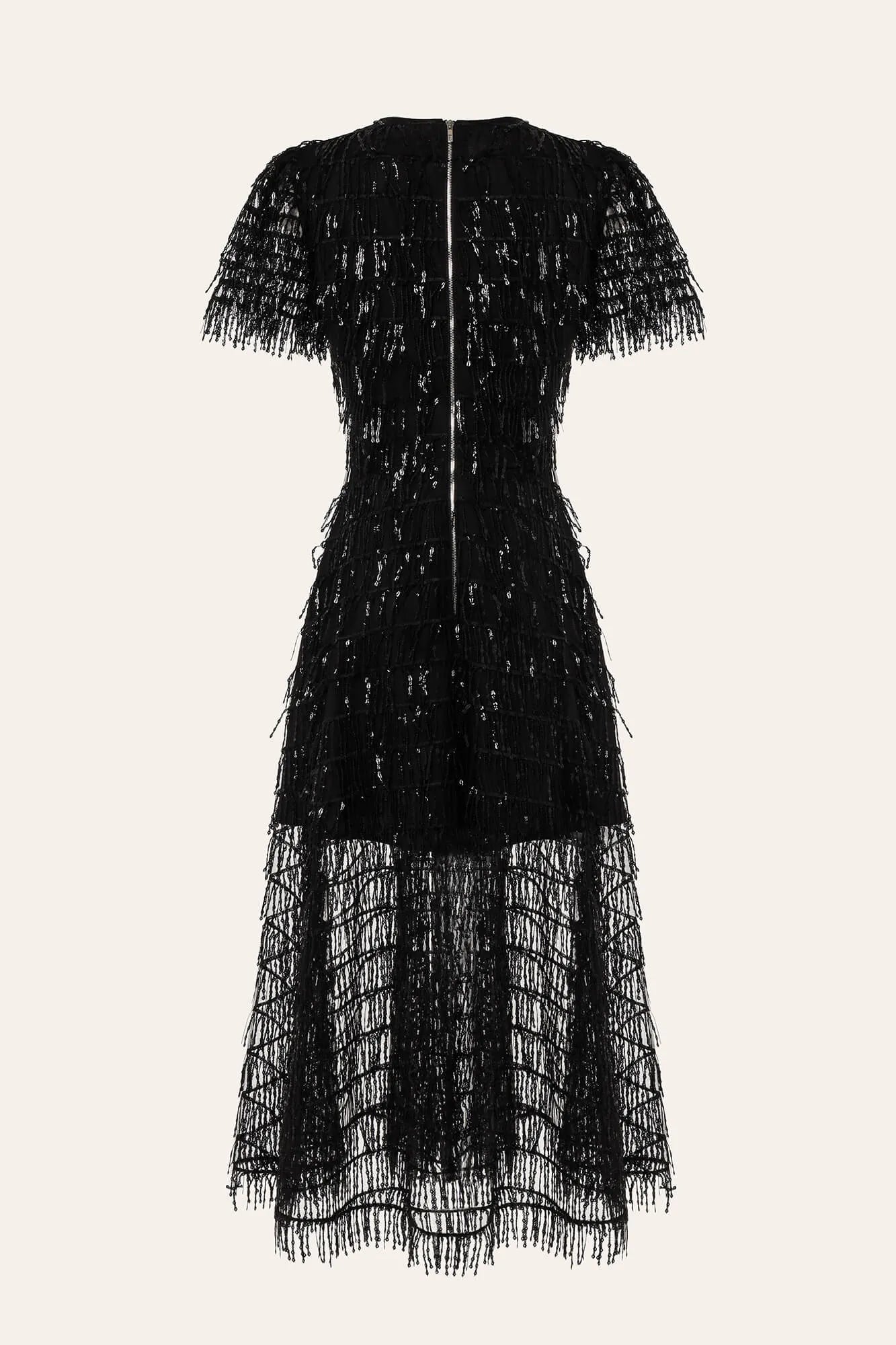 Vestido Midi com Paetês Brilhantes e Efeito Chuva