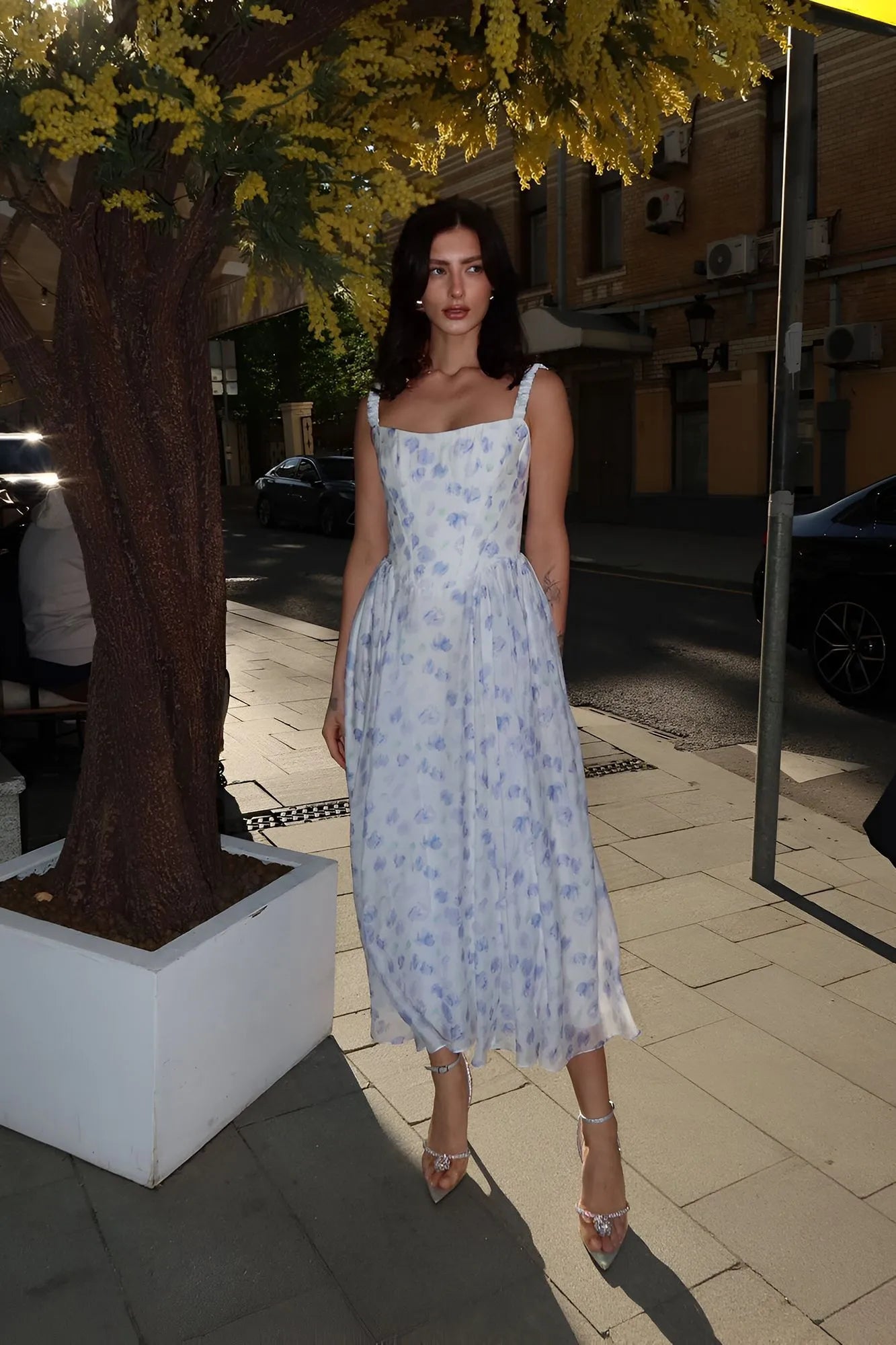 Vestido Midi de Chiffon com Corset e Estampa Floral
